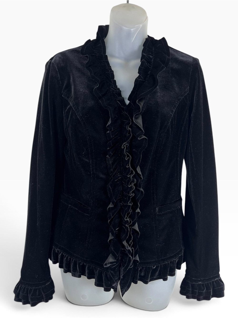 INC International Concepts Black Velvet Ruffle Jacket Small Whimsigoth Victorian